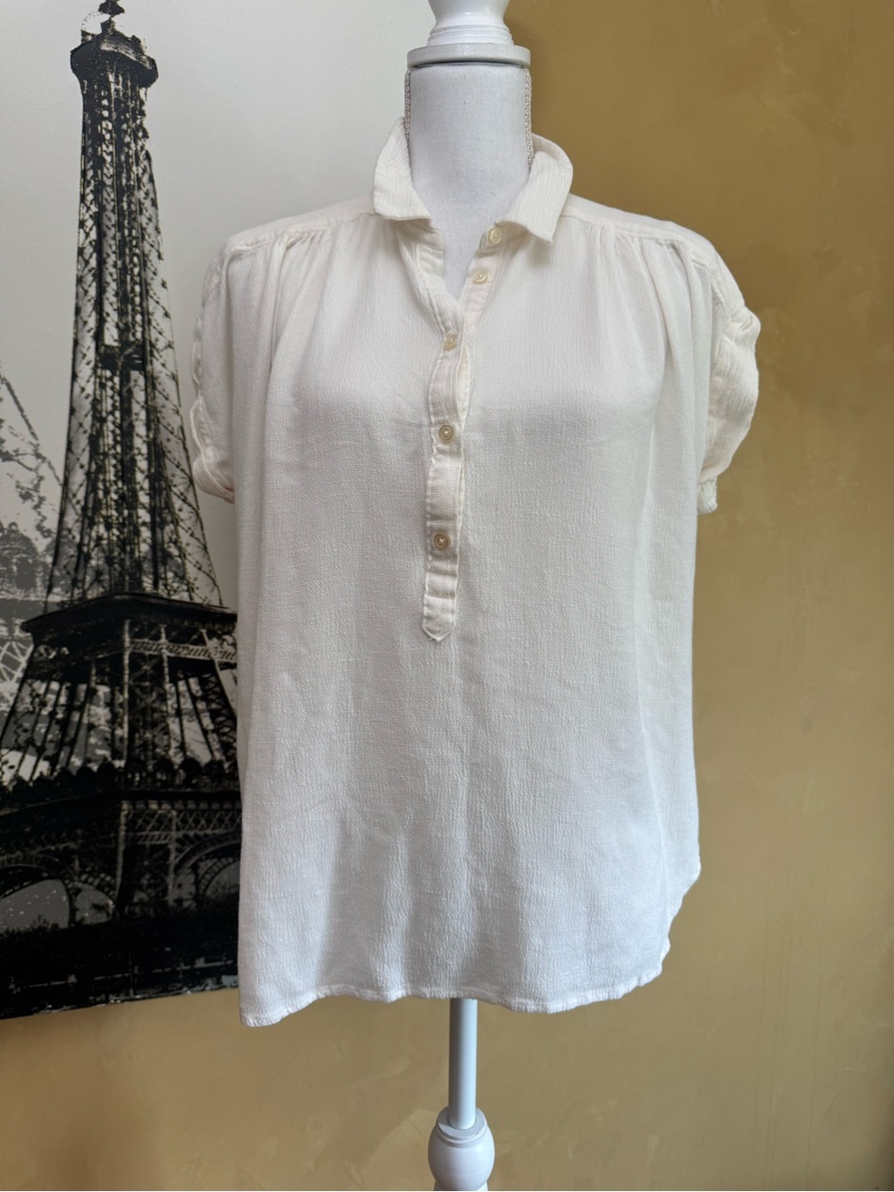 Joan Vass Ivory Short-Sleeve Button Placket Blouse